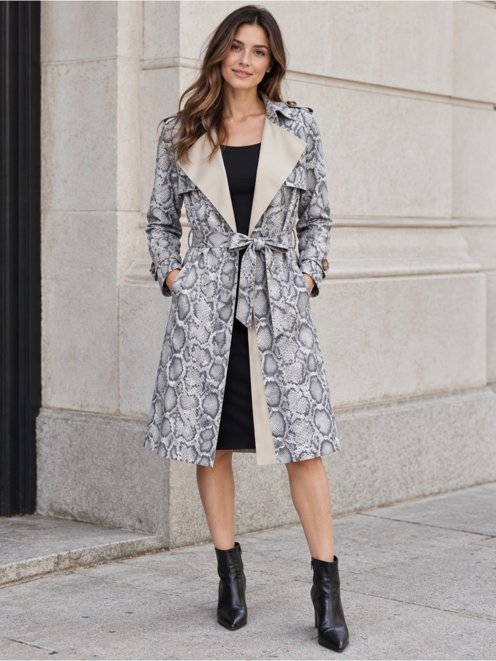 Few Moda New York Gray Snake Print Belted Trench Coat M